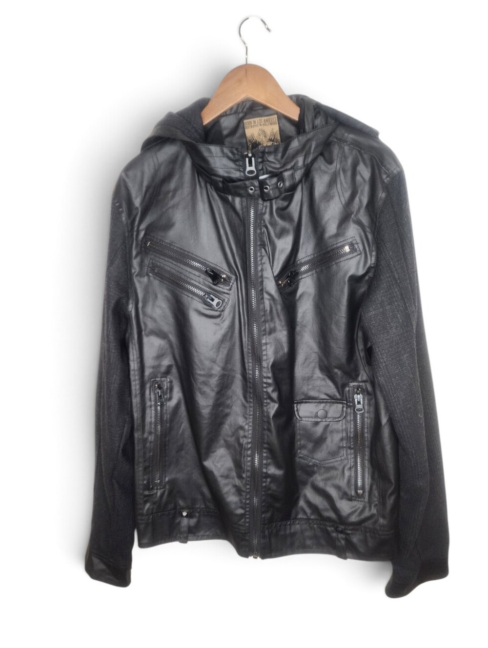 Black Heart Brigade Faux Leather Wool Hooded Moto Jacket in Black Size XXL